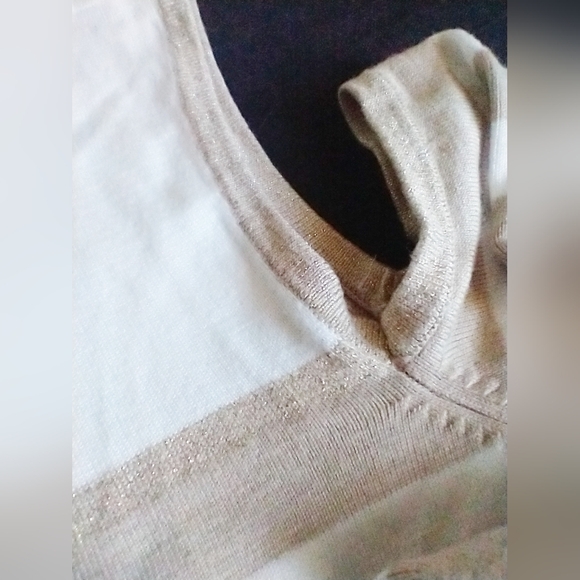 CALVIN KLEIN WOMEN'S MISSES SIZE LARGE BEIGE & WHITE STRIPES COLD SHOULDER TOP - Picture 6 of 12